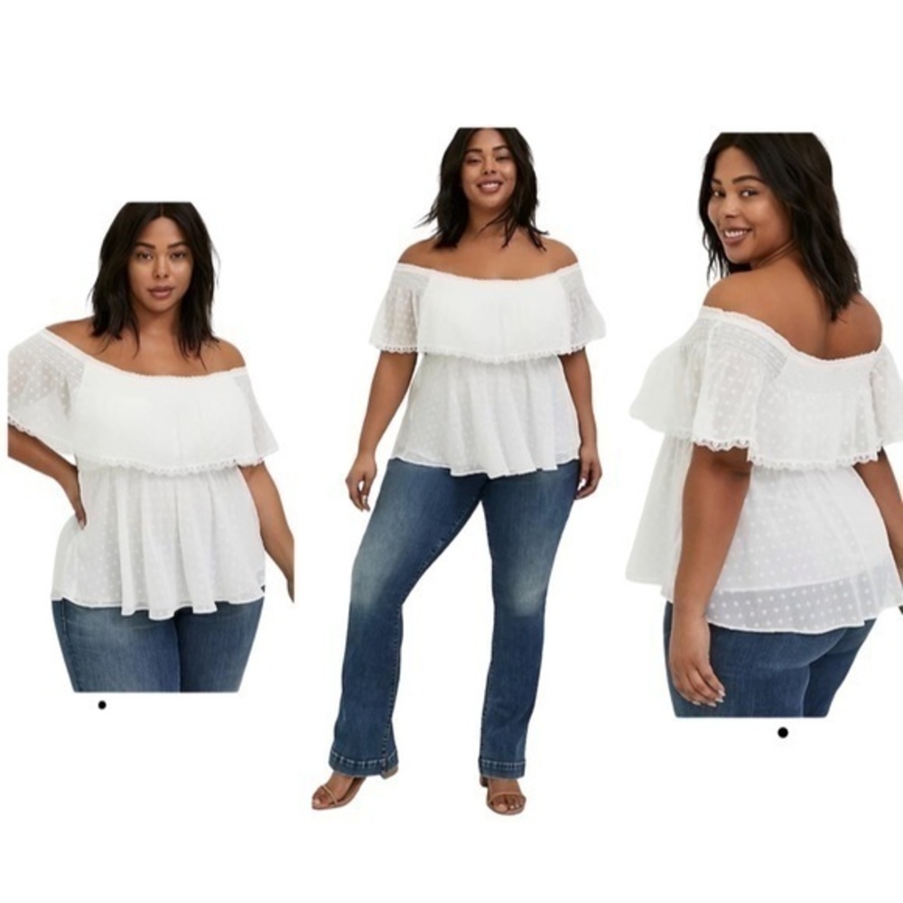 torrid White Off-the-Shoulder Swiss Dot Peplum Top